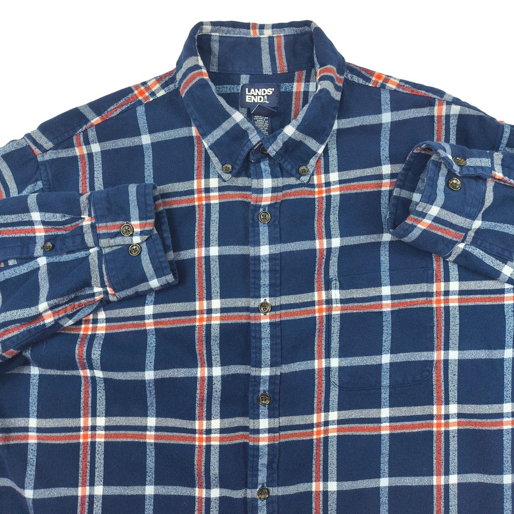 Lands End Mens XL Flannel‎ Shirt Blue Plaid Traditional Button Down Long Sleeve